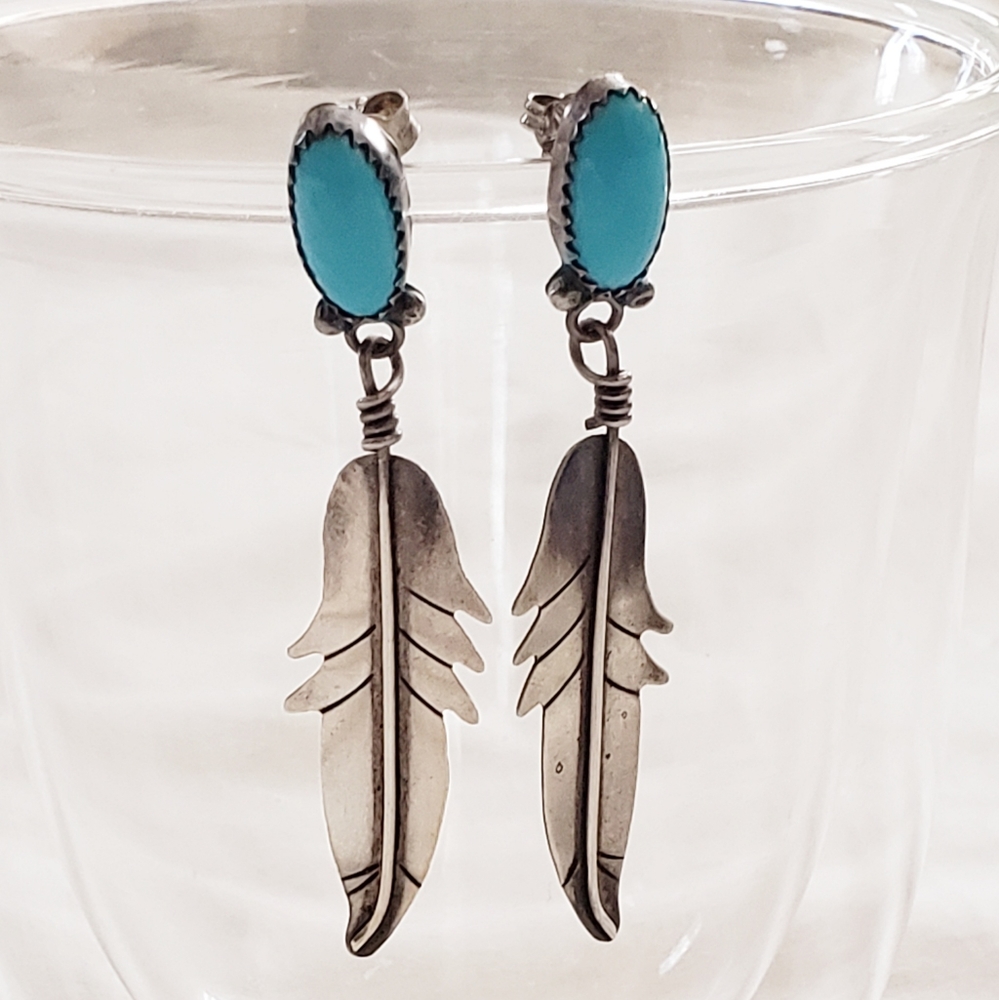 Feather Dangle Earrings Sterling & Turquoise 1.75"